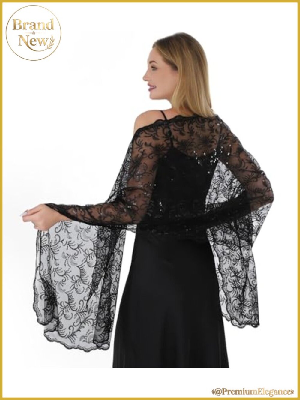 Sheer Chiffon Sequin Lace Shawl Wrap for Wedding Evening Formal
